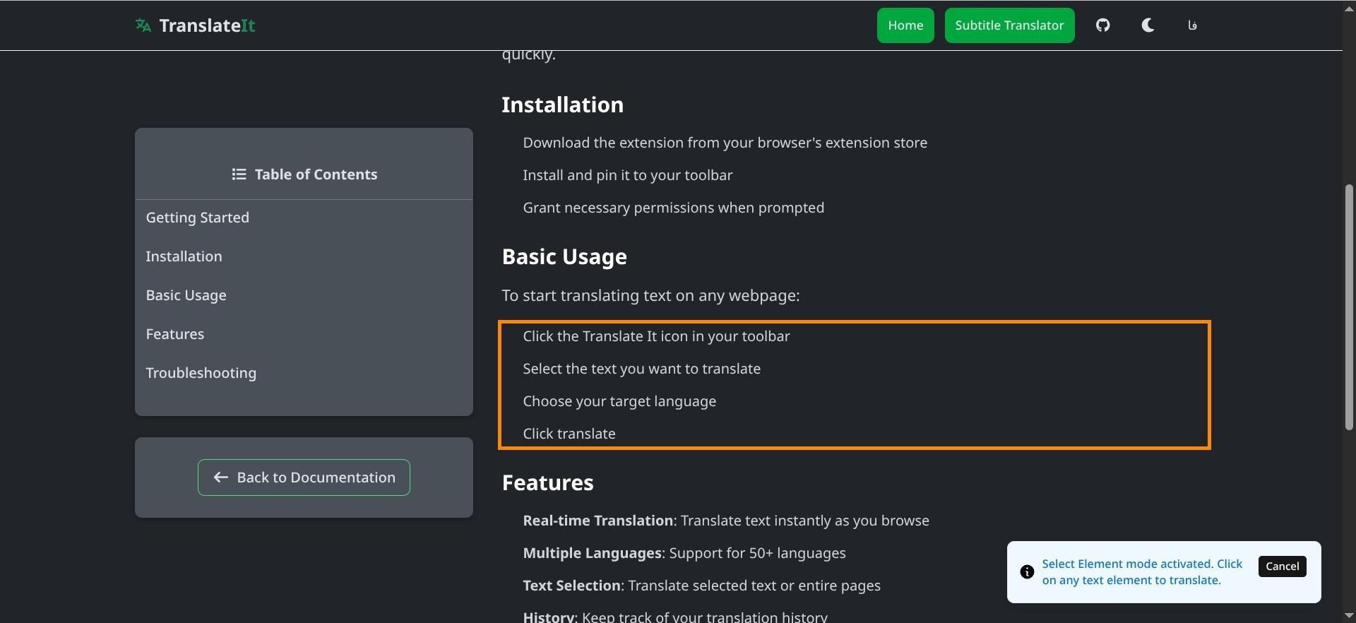 Select Element Before Translation